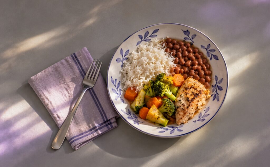 prato com arroz, feijão, legumes e carne, ao lado um guradanapo e um garfo