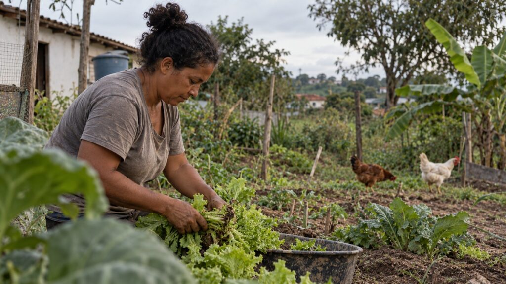 Mulher colhendo verduras na horta