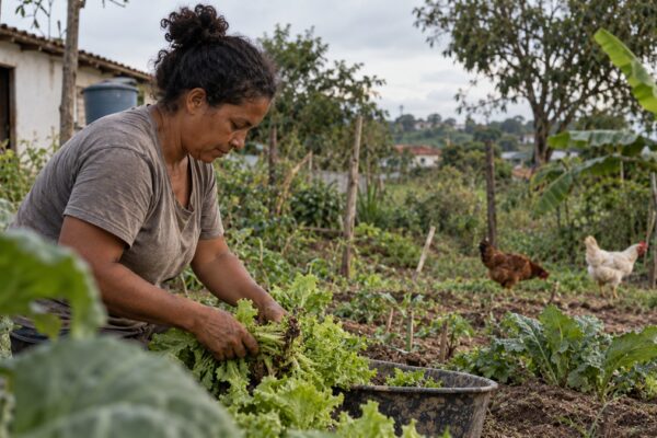 Mulher colhendo verduras na horta